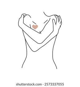 minimalist line art woman hugging self love