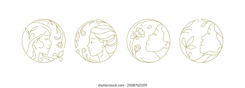 Minimalista línea arte mujer retrato olor flor flor círculo icono Ilustración vectorial. Hermosa cara femenina joven planta botánica floral redonda logo redondo para el cuidado de la piel spa maquillaje de peinado