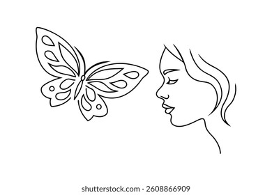 Minimalist Line Art Of Woman In Profile Gazing At Butterfly Illustration