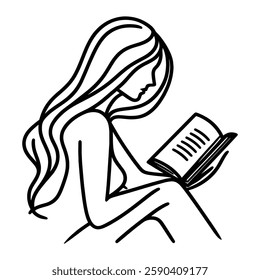 Minimalist Line Art Woman Reading a Book Silhouette, black and white Vector Art isolated on white background