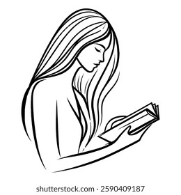 Minimalist Line Art Woman Reading a Book Silhouette, black and white Vector Art isolated on white background