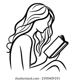Minimalist Line Art Woman Reading a Book Silhouette, black and white Vector Art isolated on white background