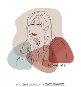 Minimalist line art woman with red lipstick  nails. Abstract pastels. Stylish for fashion, beauty blogs, posters,salon, prints, notebooks. I love life. Vector