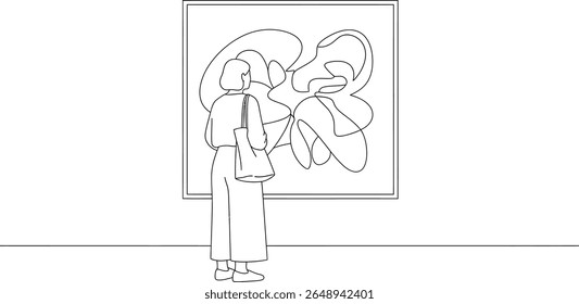 Minimalist Line Art: Woman Viewing Abstract Painting at Art Gallery