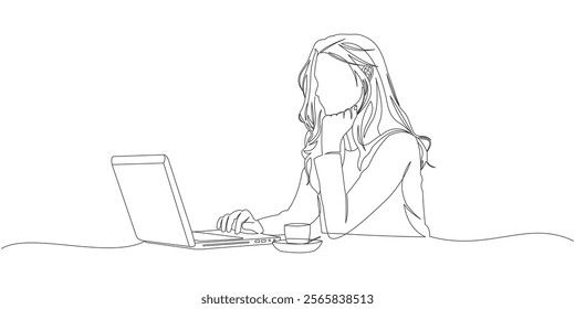 Minimalist Line Art of a Woman Working on Laptop with Coffe