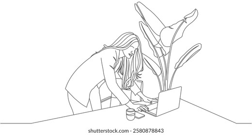 Minimalist line art of a woman working on an assignment with a laptop	