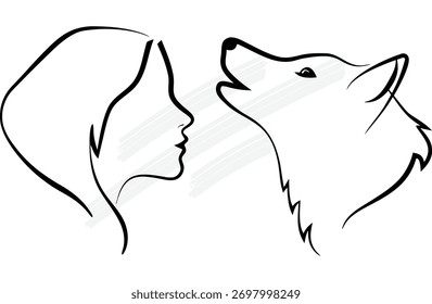 Linha de arte minimalista Perfil da mulher de frente para um lobo uivando mulher animal linha contínua arte