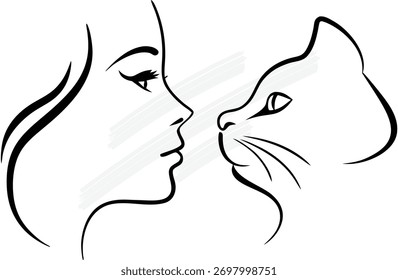 Minimalist line art a woman's profile a cat's face touching noses animal woman continuous line art