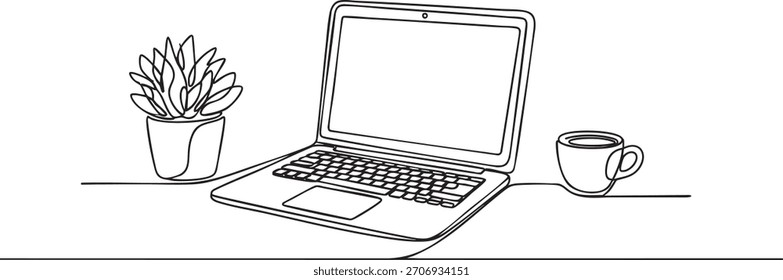 Minimalist line art of a workspace featuring an open laptop, a small potted plant, and a coffee cup. Clean black-and-white illustration ideal for office themes, productivity design, websites.