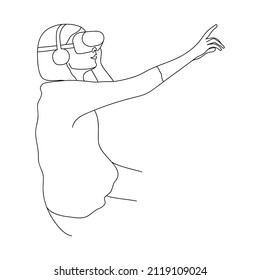 Minimalist line art young woman in a helmet virtual reality glasses, controllers VR, play virtual games. Vector illustration.