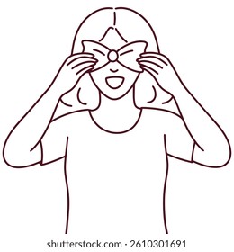 Minimalist line art of a young woman covering her eyes with hands, expressing playfulness, surprise, or emotional reaction, cute bow