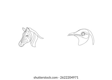 Minimalist Line Art Zebra And Bird Heads Elegant Outlines On White