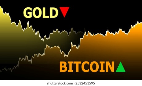 A minimalist line chart illustration comparing the price trends of gold and bitcoin. The gold line is trending downwards, while the bitcoin line is trending upwards. Negative correlation concept.