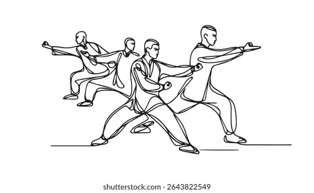 Minimalist line depictions different martial arts poses and techniques.