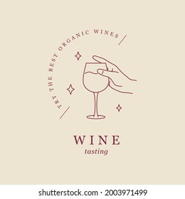Minimalist line design of wine glass in a hand. Vector wine bar emblem.