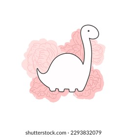 Una línea minimalista de un dinosaurio sobre un fondo de peonías rosadas. Vector de doodle dibujado a mano en estilo simple. Ilustración romántica e infantil. Aislamiento de vectores sobre un fondo blanco