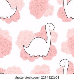 A minimalist line of a dinosaur on a background of pink peonies. Vector seamless pattern. Hand drawn doodle in simple style. Romantic and childish illustration on a white background