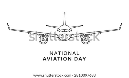 Minimalist line drawing of airplane front view with wings extended and bold text National Aviation Day, celebrating aviation achievements, aerospace innovation, and air travel heritage