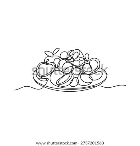 A minimalist line drawing of assorted fruits arranged on a plate