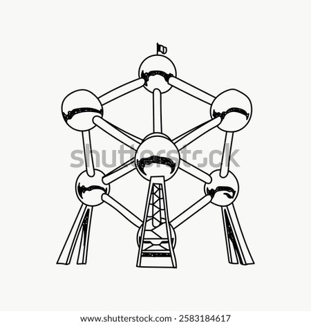 Minimalist line drawing of the Atomium structure, featuring interconnected spheres and supporting beams. Atomium sketch highlights geometric design. Line art illustration vector.