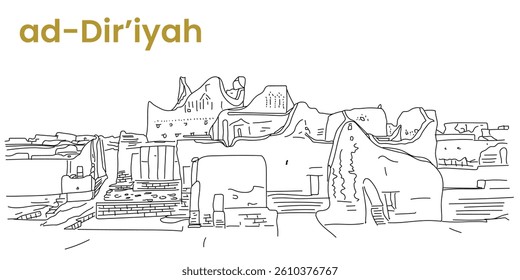 Minimalist Line Drawing of At-Turaif District in Historic Ad-Diriyah Saudi Arabia

