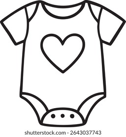 A minimalist line drawing of a baby bodysuit, featuring a heart shape on the chest and snap closures at the bottom.