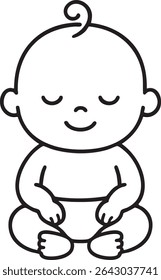 A minimalist line drawing of a baby sitting down with closed eyes, a small smile, and a curl of hair.