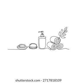 Desenho de linha minimalista de toalhas de sabão essenciais do banheiro e loção