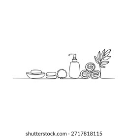Desenho de linha minimalista de toalhas de sabão essenciais do banheiro e loção