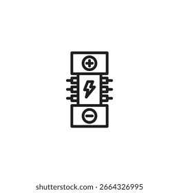 Um desenho de linha minimalista de uma bateria. Possui uma forma retangular com terminais positivos (+) e negativos (-) e um símbolo de raio central, representando armazenamento de energia elétrica.