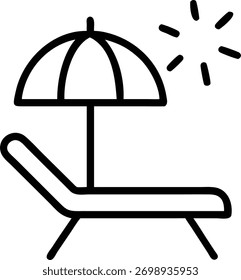 A minimalist line drawing of a beach scene featuring a sunbed and umbrella, perfect for conveying relaxation and vacation vibes in a simple and elegant style.