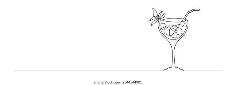 Dibujo de línea minimalista de un cóctel bellini con una guarnición floral