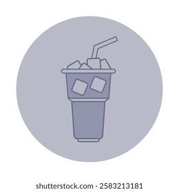 Minimalist line drawing of beverage cup filled with ice cubes and straw, set against round gray background. Design suitable for various beverage concepts