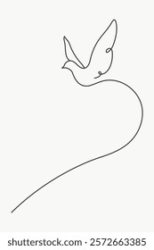 Minimalist line drawing of a bird in flight. Simple bird illustration with flowing lines. Elegant bird art with minimalist style and line art focus. Doodle vector illustration isolated on white.