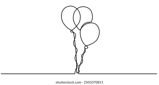 Minimalist line drawing of a birthday cake and festive balloons. Simple illustration for celebration banners.