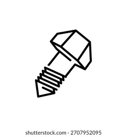 Un dibujo de línea minimalista de un perno, con una cabeza hexagonal y un eje roscado, aislado sobre un fondo blanco.