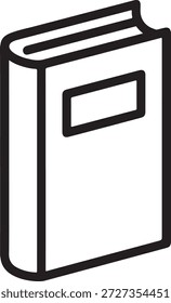 Um desenho em linha minimalista de um livro com um rótulo retangular na capa, representado em linhas pretas sobre um fundo branco