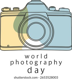 A minimalist line drawing of a camera with abstract pastel color splashes, celebrating World Photography Day.