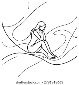 Minimalist line drawing capturing feminine vulnerability and thoughtful repose suitable for mental wellness campaigns.