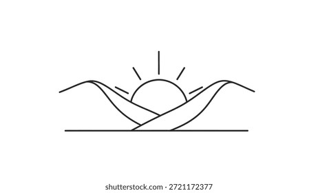 Un dibujo de líneas minimalista que captura el amanecer sereno sobre los picos de las montañas al amanecer, enfatizando las líneas simples y una escena natural pacífica perfecta para temas de exteriores y paisajes.