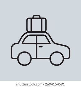 Um desenho em linha minimalista de um carro com uma mala no telhado, representando viagens e férias. O design é simples e limpo, adequado para várias aplicações.
