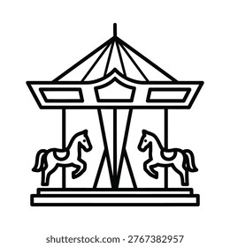 a minimalist line drawing of a carousel with two horses, ideal for use in illustrations, icons, or designs related to amusement parks, childhood nostalgia, or entertainment