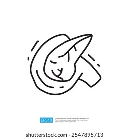 A minimalist line drawing of a cat curled up, showcasing its relaxed posture and playful design.