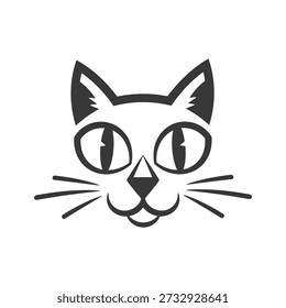 Eine minimalistische Linienzeichnung eines Katzengesichts mit großen Augen und Whiskern auf einfarbigem weißem Hintergrund