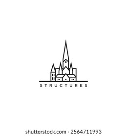 minimalist line drawing of a church-like structure with multiple spires and the word "STRUCTURES" written below it.