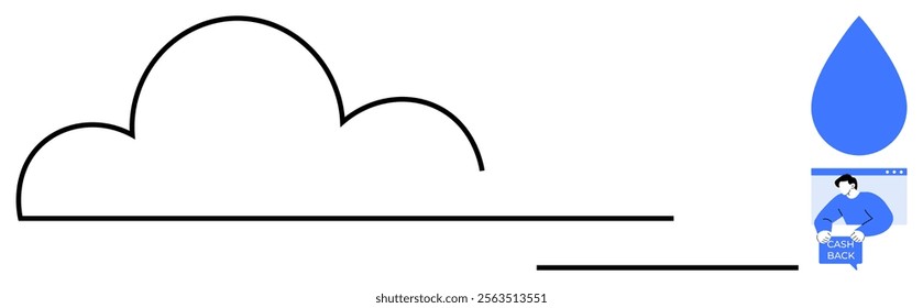 Minimalist line drawing of a cloud with a blue raindrop containing a cartoon character holding a milk carton. Ideal for weather themes, dairy products, simplicity in design, childrens illustrations