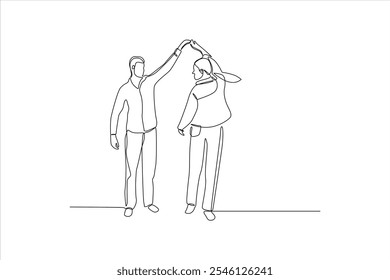 A minimalist line drawing of a couple dancing, expressing joy and connection.