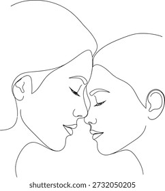 A minimalist line drawing of a couple sharing a tender kiss, their faces close together with eyes closed, conveying intimacy and affection.