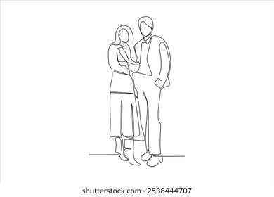 A minimalist line drawing of a couple standing closely together.