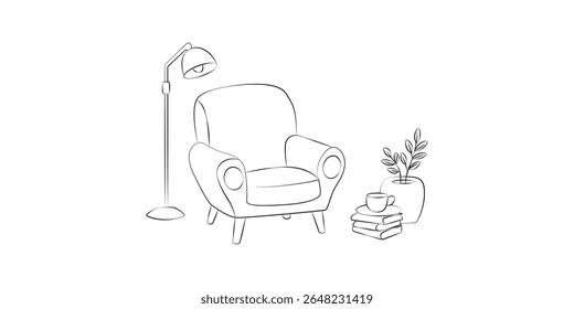 Minimalist Line Drawing of Cozy Armchair with Floor Lamp and Books